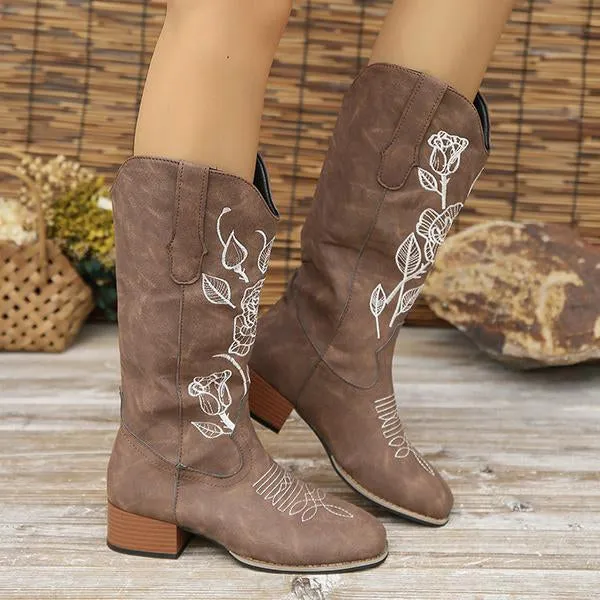 Women's Casual Rose Embroidery Chunk Heel Mid-calf Boots 42691341S