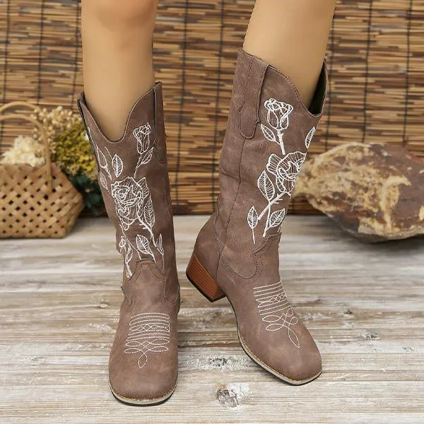 Women's Casual Rose Embroidery Chunk Heel Mid-calf Boots 42691341S