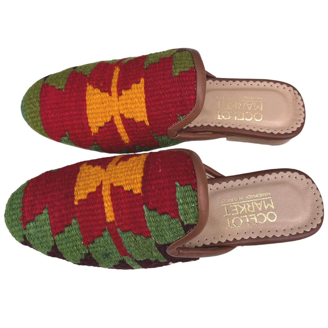 Women's Turkish Kilim Mule Green & Red with Orange