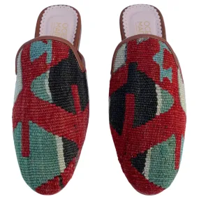 Women's Turkish Kilim Mules | Red with Blue & Black