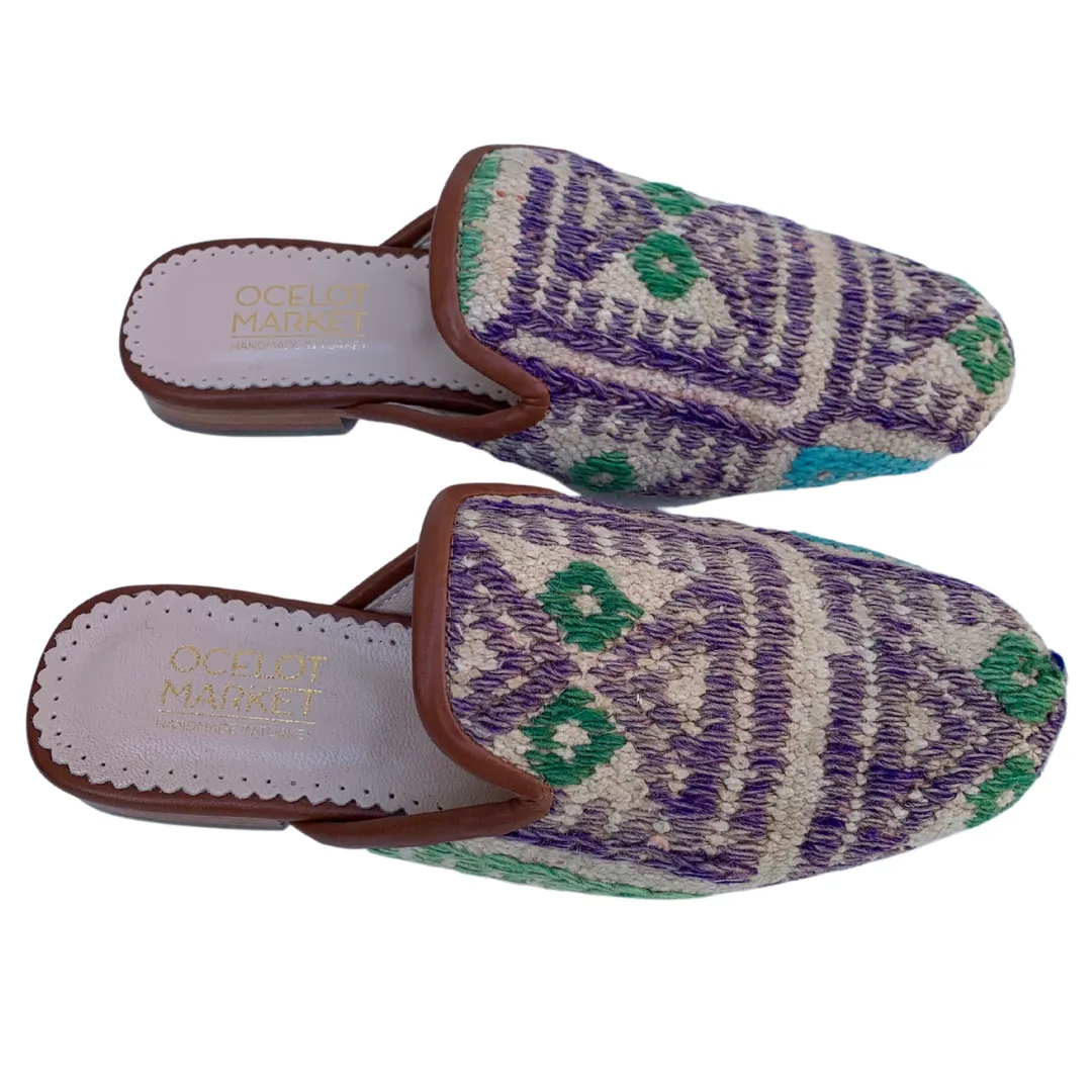 Women's Turkish Kilim Mules | Tan with Lavender Pattern