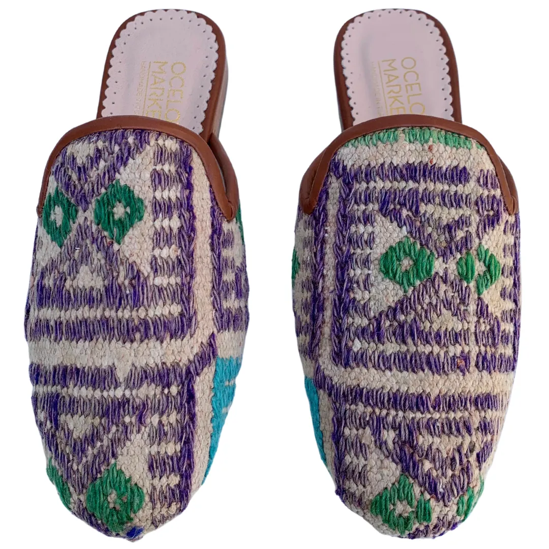 Women's Turkish Kilim Mules | Tan with Lavender Pattern