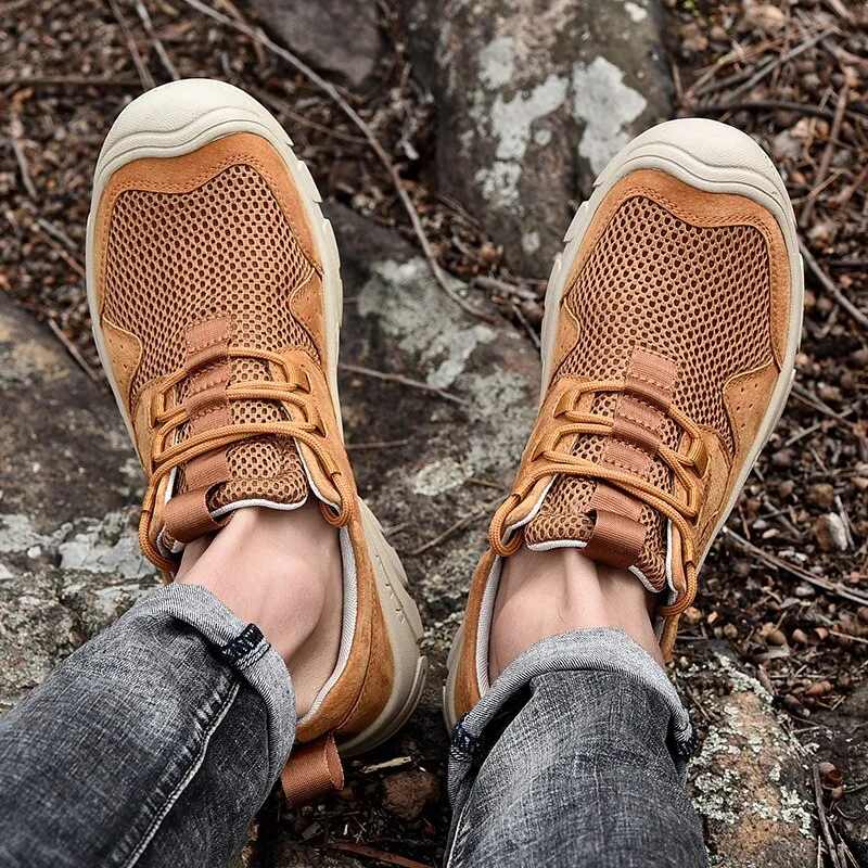 Xituodai  New Spring summer men's Suede Leather mesh Breathable casual outdoor sports shoes non-slip rock climbing hiking shoes