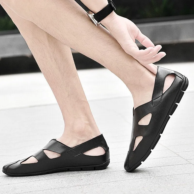 Xituodai  See Genuine Leather Mens Casual shoes Fashion Black Summer Sandals Breathable Lightweight Outdoor Loafers Plus Size36-47